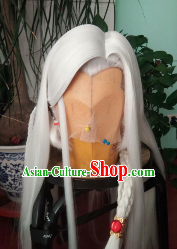 Chinese Ancient Royal Prince Periwig Hair Accessories Handmade Puppet Show Qiao Rulai Headdress Traditional Cosplay Swordsman White Wigs Hairpieces