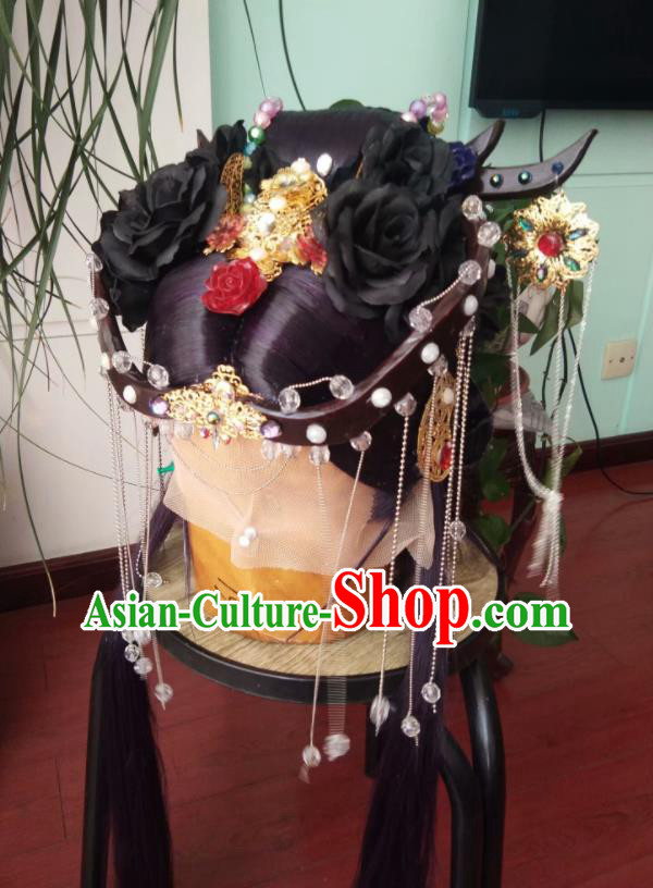 China Ancient Emperor Purple Wigs and Hair Crown Traditional Puppet Show Swordswoman Hair Accessories Cosplay Queen Hairpieces