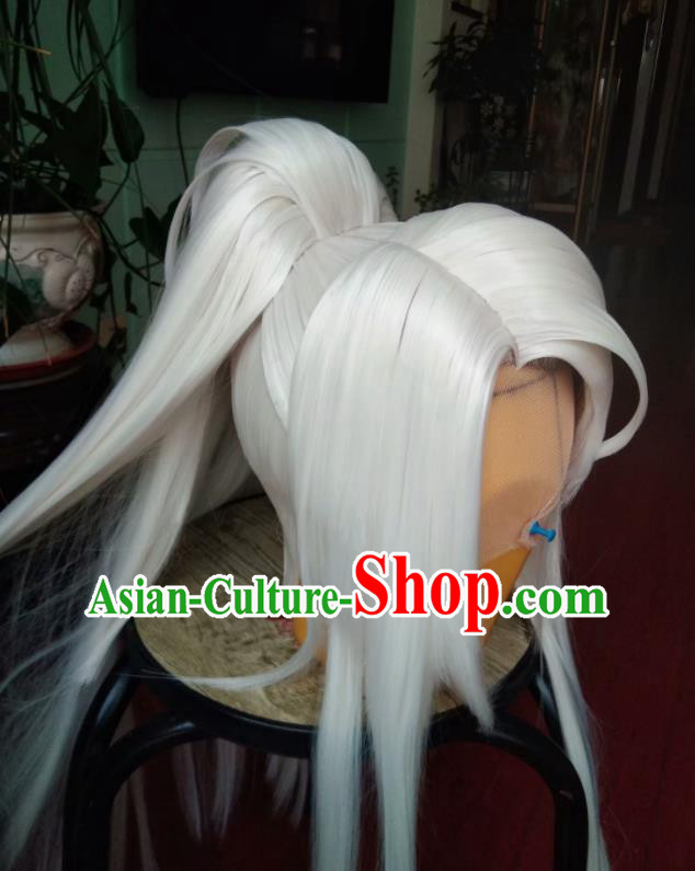 Chinese Traditional Cosplay Taoist Priest White Wigs Hairpieces Ancient Swordsman Periwig Hair Accessories Handmade Puppet Show Bin Xueya Headdress