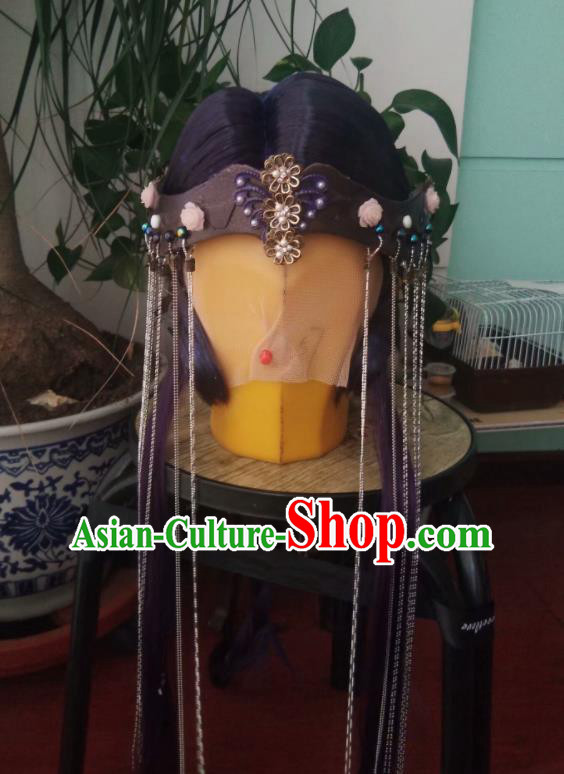 China Cosplay Young Lady Hairpieces Ancient Fairy Purple Wigs and Hair Crown Traditional Puppet Show Swordswoman Hair Accessories