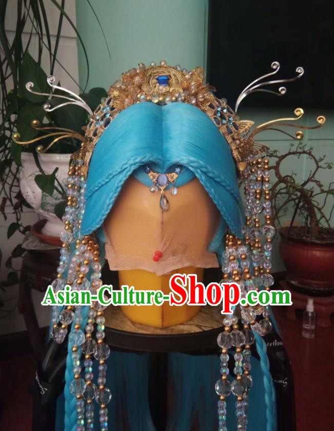 China Traditional Puppet Show Princess Binglou Hair Accessories Cosplay Young Lady Hairpieces Ancient Fairy Blue Wigs and Hair Crown