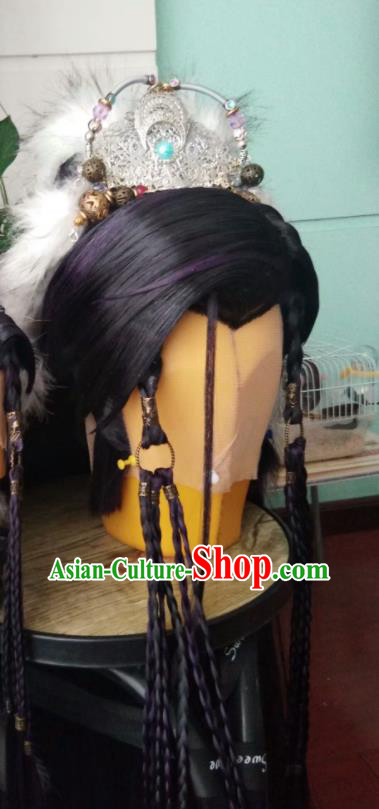Chinese Ancient Swordsman Periwig Hair Accessories Handmade Puppet Show Headdress Traditional Cosplay Royal Prince Wigs and Hairdo Crown Hairpieces