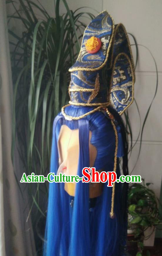 Chinese Handmade Puppet Show Headdress Traditional Cosplay Dragon King Blue Wigs and Hairdo Crown Hairpieces Ancient Patriarch Periwig Hair Accessories