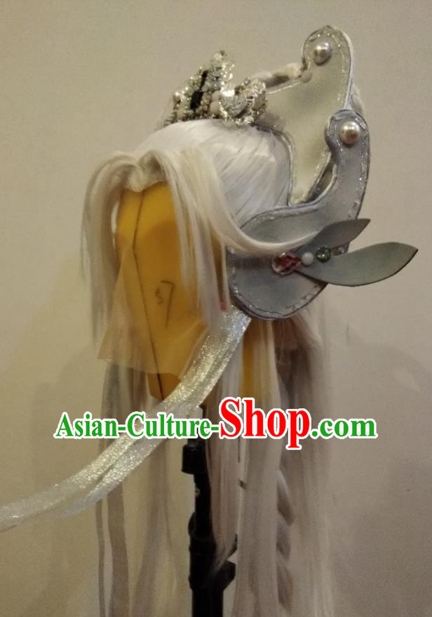 Chinese Ancient General Periwig Hair Accessories Handmade Puppet Show Headdress Traditional Cosplay Swordsman White Wigs and Helmet Hairpieces