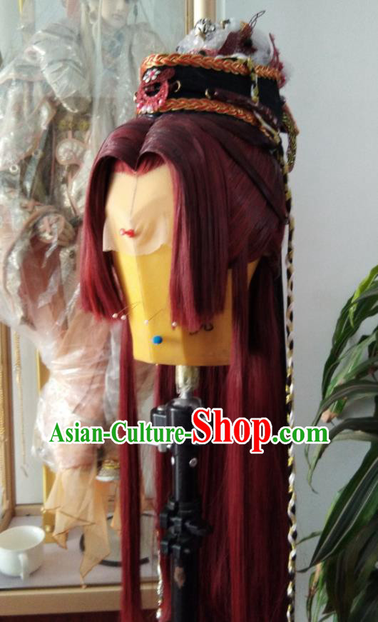 Chinese Traditional Cosplay Swordsman Red Wigs and Hairdo Crown Hairpieces Ancient Prince Periwig Hair Accessories Handmade Puppet Show Childe Headdress