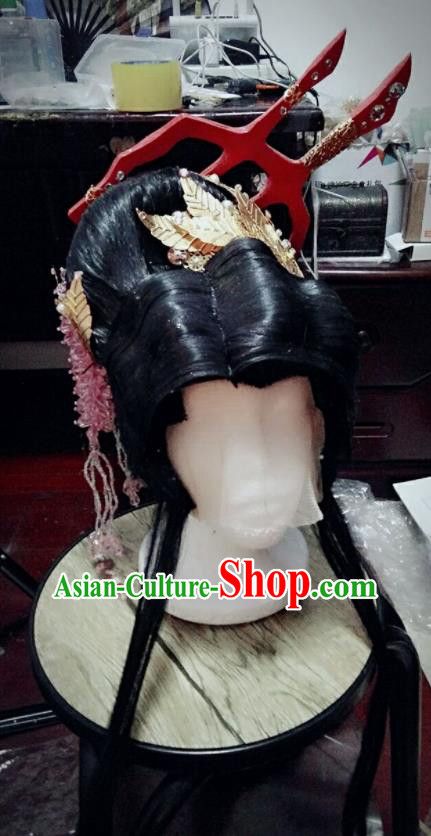 China Cosplay Goddess Queen Hairpieces Ancient Empress Wigs and Hair Crown Traditional Puppet Show Young Beauty Hair Accessories