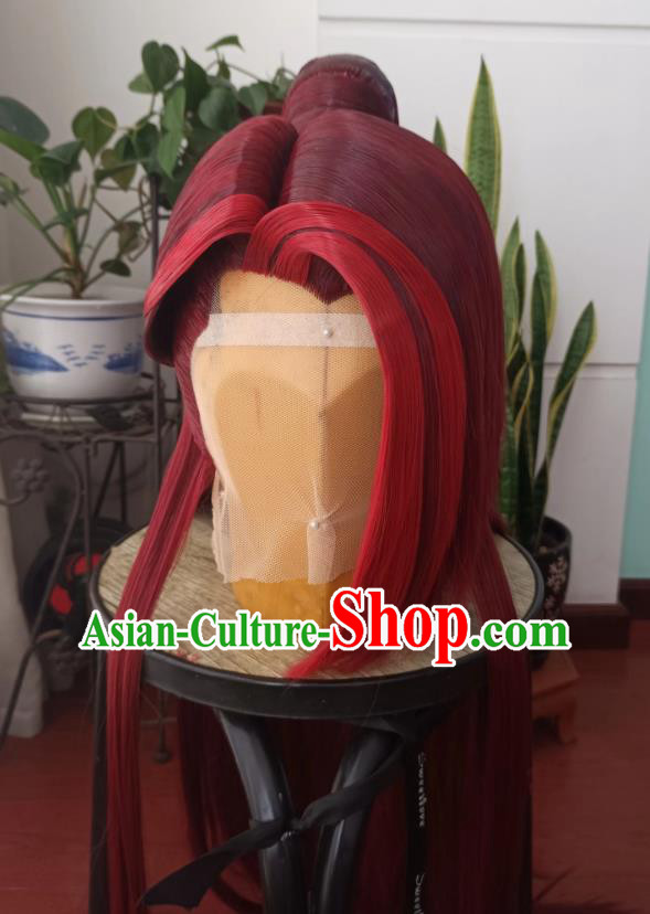 Chinese Puppet Show Young Hero Headdress Traditional Handmade Knight Red Wigs Hairpieces Ancient Swordsman Periwig Hair Accessories