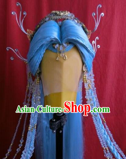 China Ancient Princess Blue Wigs and Hair Crown Traditional Puppet Show Fairy Hair Accessories Cosplay Goddess Hairpieces
