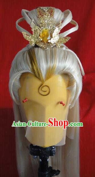Chinese Traditional Cosplay Prince Golden Wigs Hairpieces Ancient Emperor Periwig Hair Accessories Handmade Puppet Show Feng Piaopiao Headdress