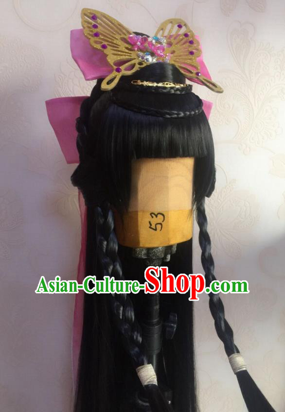 China Traditional Puppet Show Feng Cailing Hair Accessories Cosplay Fairy Princess Hairpieces Ancient Young Lady Wigs and Hair Crown