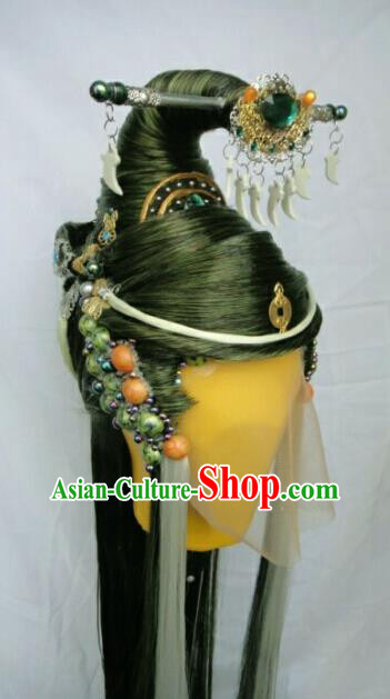 Chinese Handmade Puppet Show Headdress Traditional Cosplay Demon King Green Wigs Hairpieces Ancient Swordsman Periwig Hair Accessories