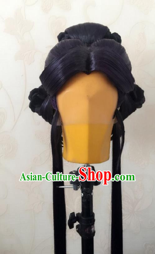 China Ancient Empress Purple Wigs Traditional Puppet Show Goddess Hair Accessories Cosplay Queen Hairpieces