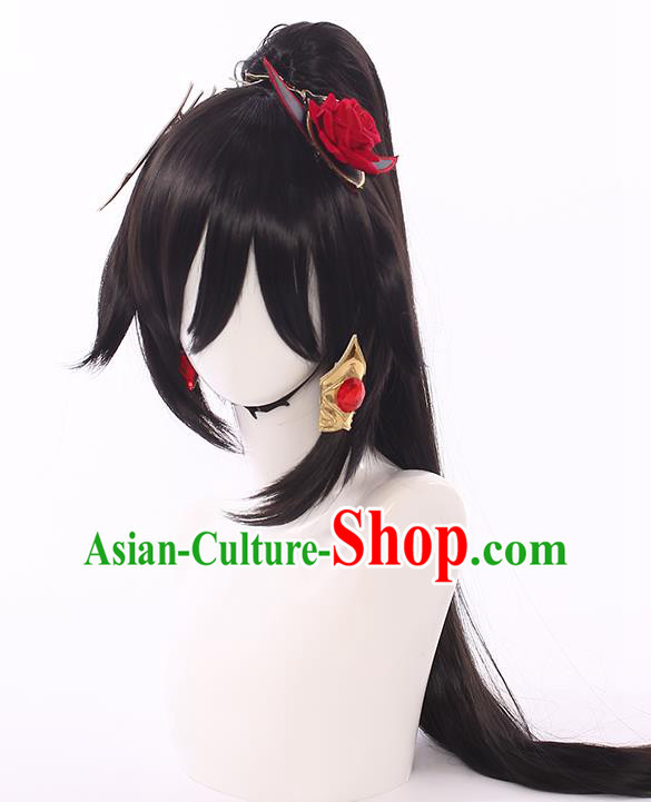 Handmade Traditional Game Princess Hair Accessories Cosplay Fairy Hairpieces Demon Woman Black Wigs