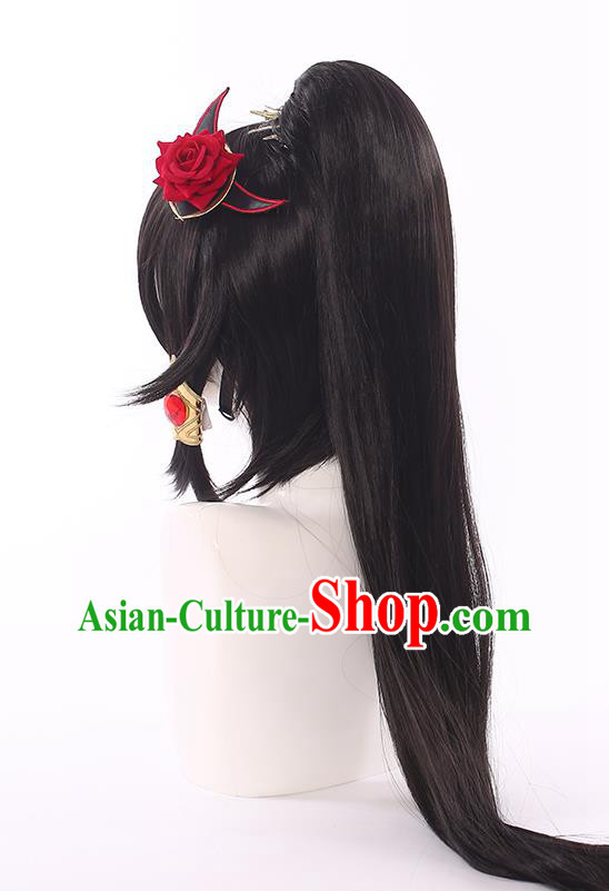 Handmade Traditional Game Princess Hair Accessories Cosplay Fairy Hairpieces Demon Woman Black Wigs