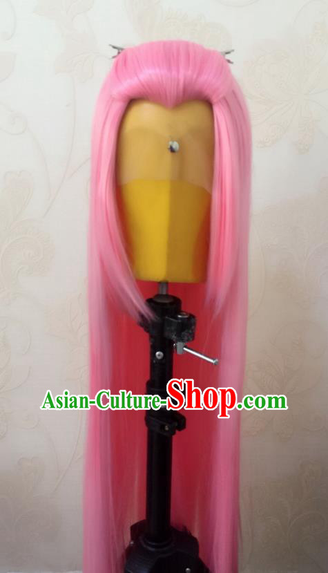 Chinese Traditional Cosplay Knight Pink Wigs Hairpieces Ancient Young Hero Periwig Hair Accessories Handmade Puppet Show Swordsman Headdress