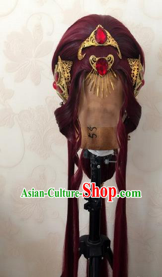 China Cosplay Queen Hairpieces Ancient Empress Red Wigs and Hair Crown Traditional Puppet Show Goddess Hair Accessories