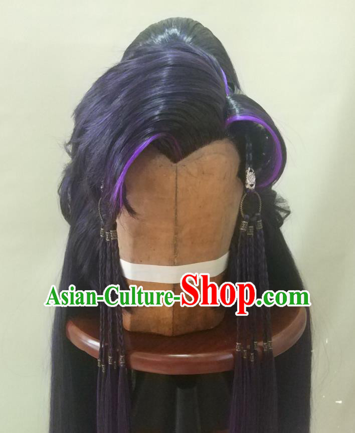 Chinese Ancient Royal Prince Periwig Hair Accessories Handmade Cosplay Swordsman Headdress Traditional Puppet Show Purple Wigs Hairpieces