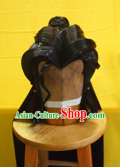 Chinese Traditional Puppet Show Young Hero Wigs Hairpieces Ancient Chivalrous Knight Periwig Hair Accessories Handmade Cosplay Swordsman Headdress
