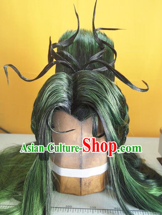 Chinese Traditional Puppet Show Knight Green Wigs Hairpieces Ancient Young Hero Periwig Hair Accessories Handmade Cosplay Swordsman Headdress