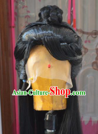 Chinese Handmade Cosplay Swordsman Headdress Traditional Puppet Show Xie Fengdi Black Wigs Hairpieces Ancient Young Hero Periwig Hair Accessories