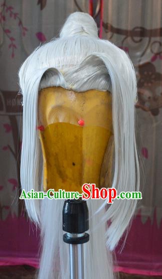 Chinese Ancient Swordsman Periwig Hair Accessories Handmade Cosplay Hero Headdress Traditional Game Role Gray Wigs Hairpieces