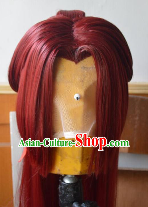 Chinese Traditional Puppet Show Red Wigs Hairpieces Ancient Chivalrous Male Periwig Hair Accessories Handmade Cosplay Swordsman Headdress