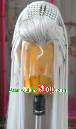 Chinese Handmade Cosplay Swordsman Headdress Traditional Puppet Show Gray Wigs Hairpieces Ancient Patriarch Periwig Hair Accessories