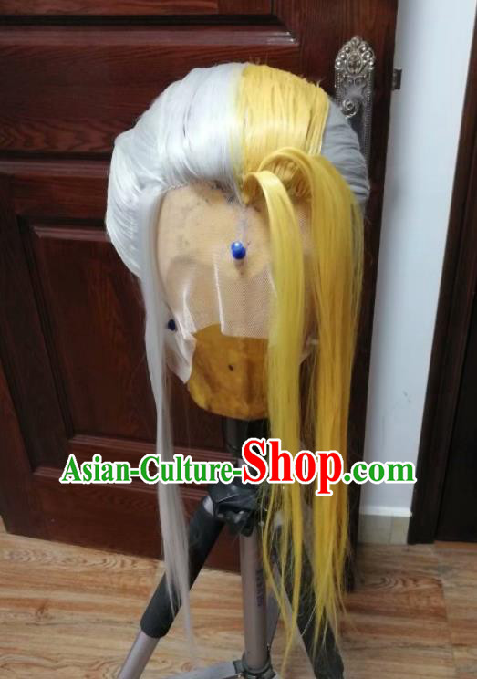 China Ancient Female Knight Wigs Headdress Traditional Game Role Swordswoman Hair Accessories Cosplay Heroine Hairpieces