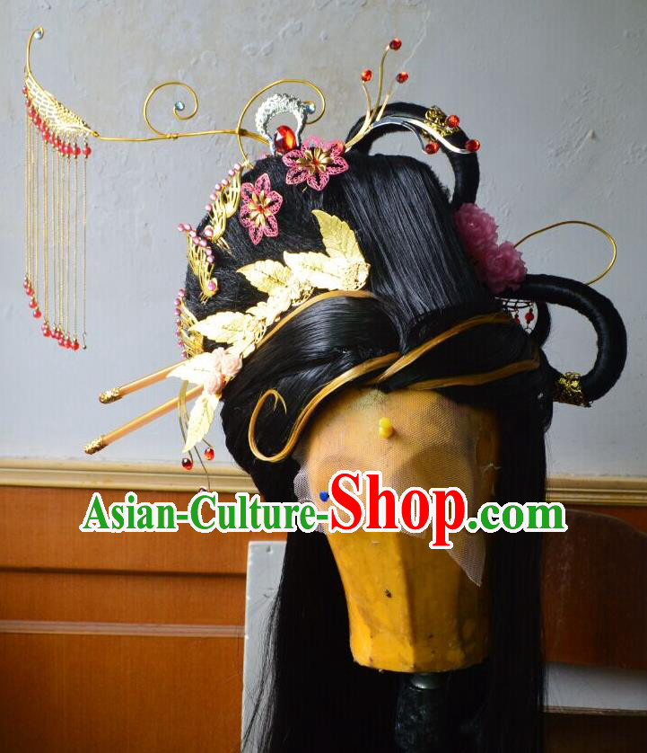 China Traditional Puppet Show Princess Geng Qiulu Hair Accessories Cosplay Queen Hairpieces Ancient Goddess Wigs Headdress