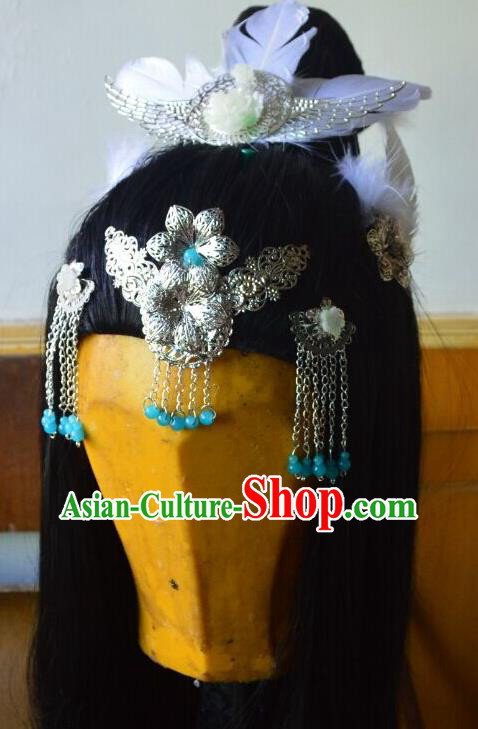 China Ancient Goddess Wigs Headdress Traditional Eternal Love Bai Qian Hair Accessories Cosplay Queen Hairpieces