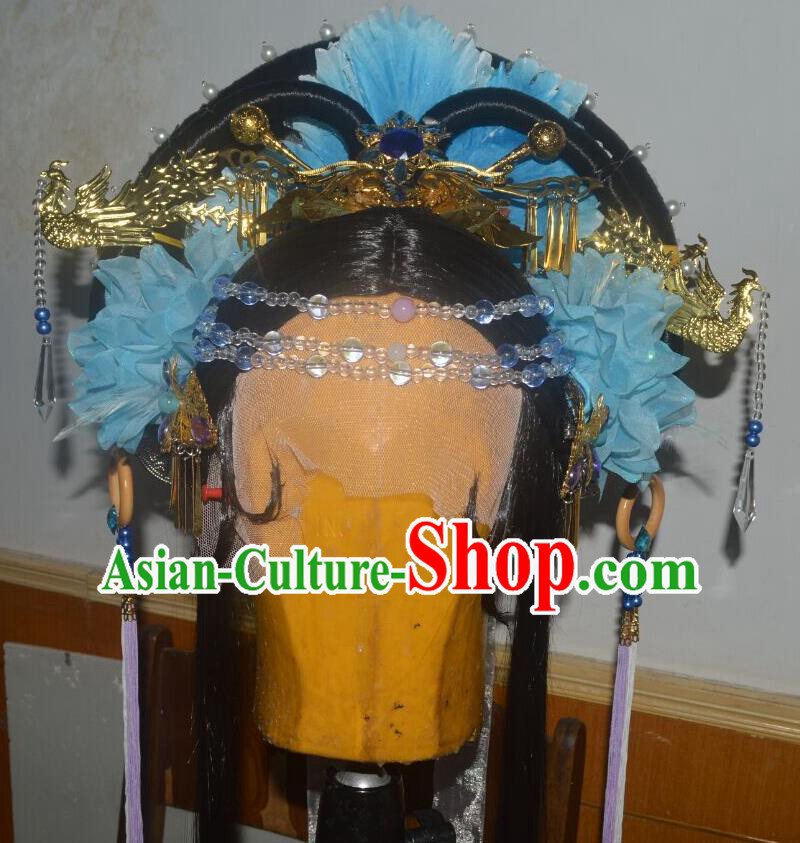 China Cosplay Queen Hairpieces Ancient Goddess Wigs Headdress Traditional Puppet Show Imperial Consort Hair Accessories