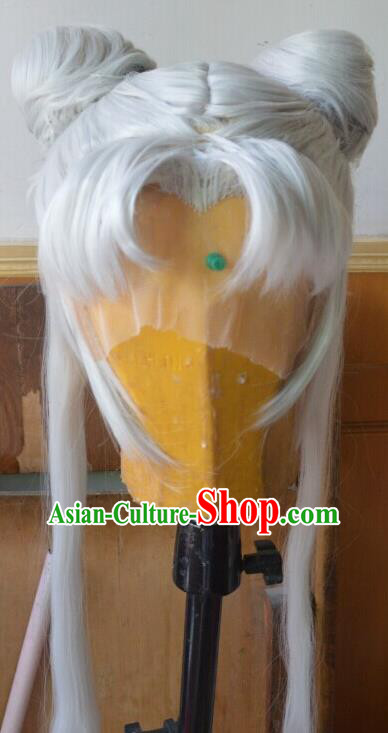 China Cosplay Moon Fairy Hairpieces Ancient Young Lady Gray Wigs Headdress Traditional Female Warrior Hair Accessories