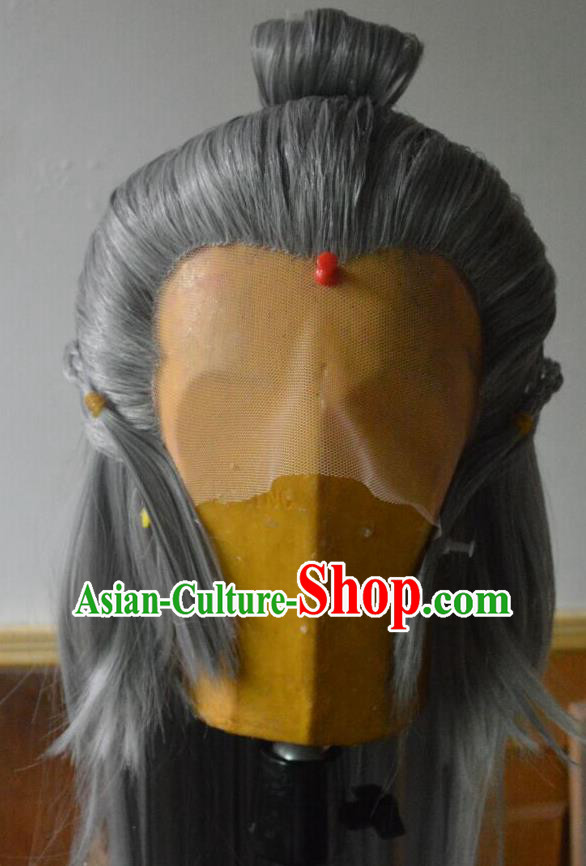 Chinese Handmade Cosplay Elderly Male Headdress Traditional Puppet Show Master Grey Wigs Hairpieces Ancient Swordsman Periwig Hair Accessories