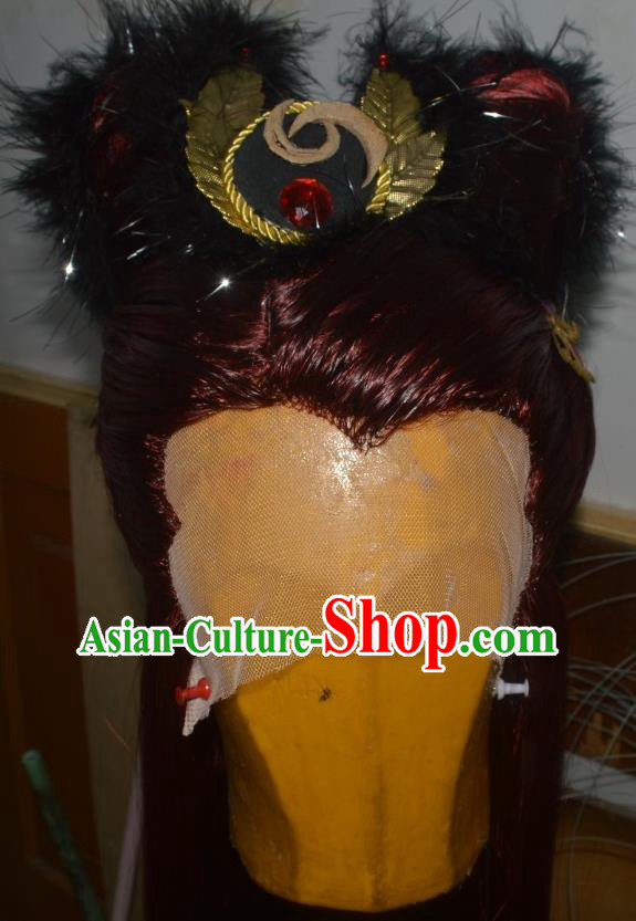 China Traditional Puppet Show Female Knight Hair Accessories Cosplay Fairy Hairpieces Ancient Swordswoman Red Wigs Headdress