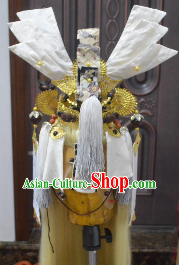 Chinese Ancient Emperor Periwig and Hair Crown Hair Accessories Handmade Cosplay Swordsman Headdress Traditional Puppet Show Golden Wigs Hairpieces