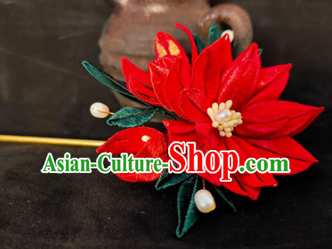 China Ancient Imperial Consort Red Flower Hairpin Traditional Hanfu Hair Accessories Cosplay Princess Hair Stick