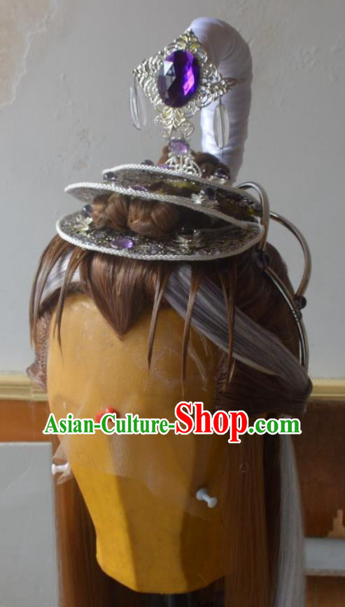 Chinese Handmade Cosplay Taoist Priest Headdress Traditional Puppet Show Prince Golden Wigs Hairpieces Ancient Swordsman Periwig Hair Accessories