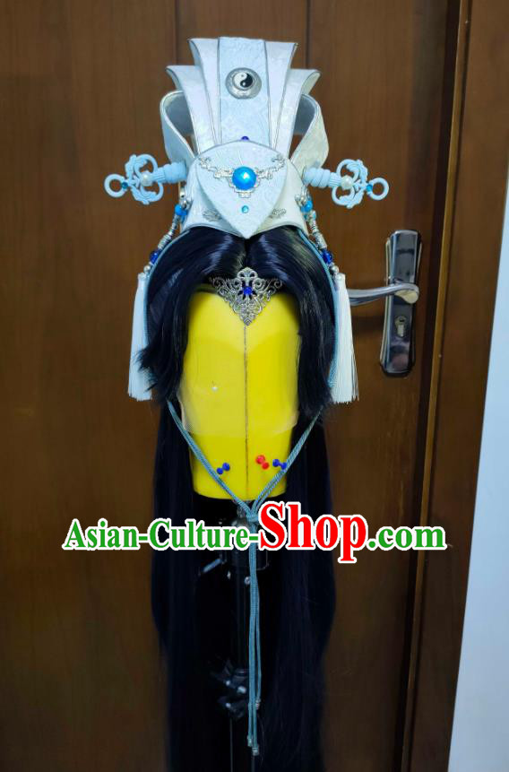 Chinese Handmade Cosplay Taoist Priest Headdress Traditional Puppet Show Swordsman Hairdo Crown Ancient Prince Hair Accessories