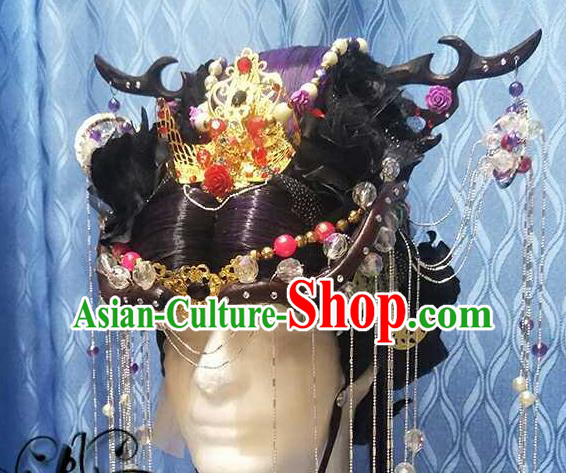 China Cosplay Swordswoman Hair Crown Ancient Goddess Hairpins Traditional Puppet Show Queen Hair Accessories