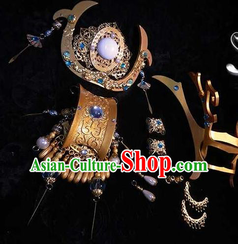 Chinese Handmade Cosplay Swordsman Headpieces Traditional Puppet Show Xuan Lingcang Hair Crown Ancient Emperor Hair Accessories