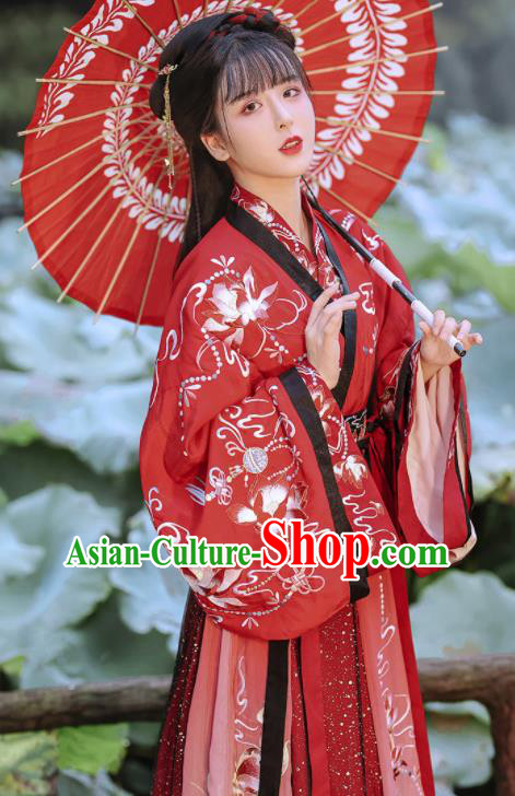 China Ancient Princess Garment Costumes Jin Dynasty Palace Beauty Red Hanfu Dress Apparels Traditional Wedding Historical Clothing