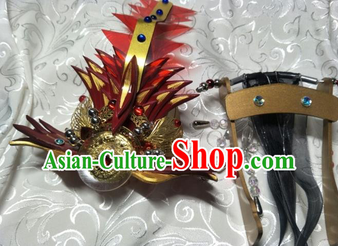 Chinese Traditional Puppet Show King Red Hairdo Crown Ancient Young Hero Hair Accessories Handmade Cosplay Swordsman Headpieces