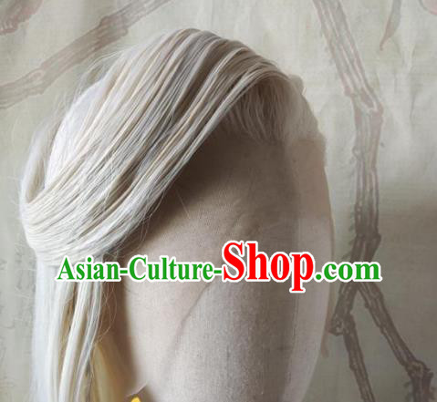 Chinese Handmade Cosplay Swordsman Hairpieces Traditional Hanfu Male Front Lace Beige Wigs Headdress Ancient Knight Hair Accessories