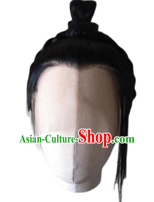 Chinese Handmade Cosplay Prince Hairpieces Qin Dynasty Young Childe Front Lace Wigs Headdress Ancient Swordsman Hair Accessories