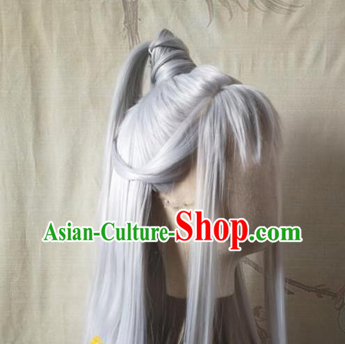 Chinese Ancient Swordsman Hair Accessories Handmade Cosplay Taoist Priest Hairpieces Jin Dynasty Elderly Male Front Lace Wigs Headdress