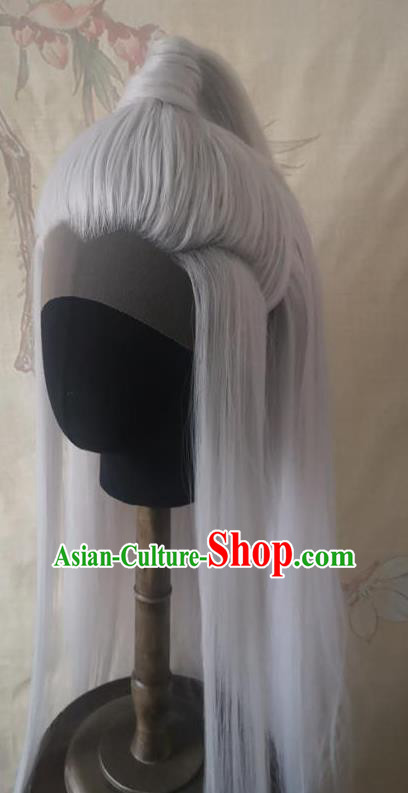 Chinese Ancient Taoist Priest Hair Accessories Handmade Cosplay Swordsman Hairpieces Traditional Hanfu Gray Front Lace Wigs Headdress