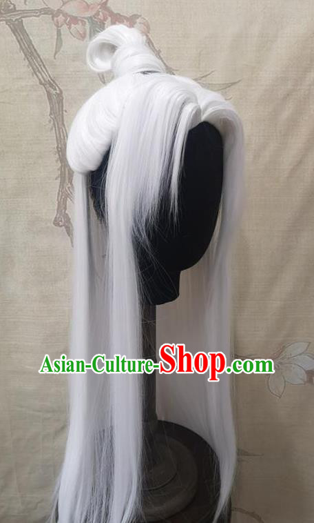 Chinese Handmade Cosplay Swordsman Hairpieces Traditional Hanfu White Wigs Headdress Ancient Young Childe Hair Accessories