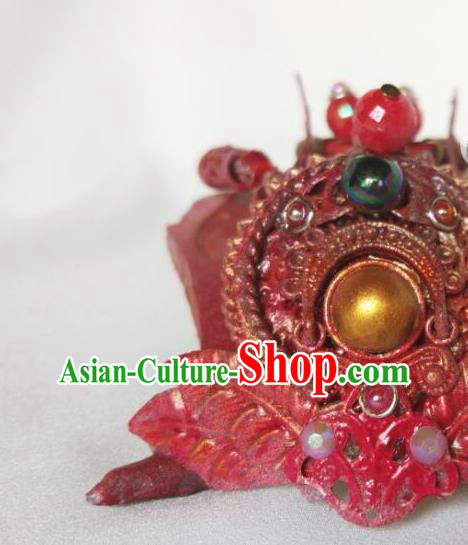 Chinese Ancient Royal King Hair Accessories Cosplay Swordsman Red Hairdo Crown Traditional Puppet Show Shangguan Hongxin Headdress