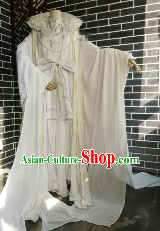 China Ancient Royal Prince White Robe Clothing Traditional Puppet Show King Garment Costumes Cosplay Swordsman Apparels