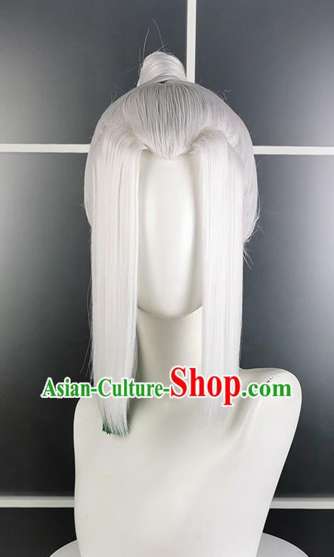 Chinese Ancient Swordsman Hair Accessories Cosplay Chivalrous Male Hairpieces Traditional Handmade White Front Lace Wigs Headdress